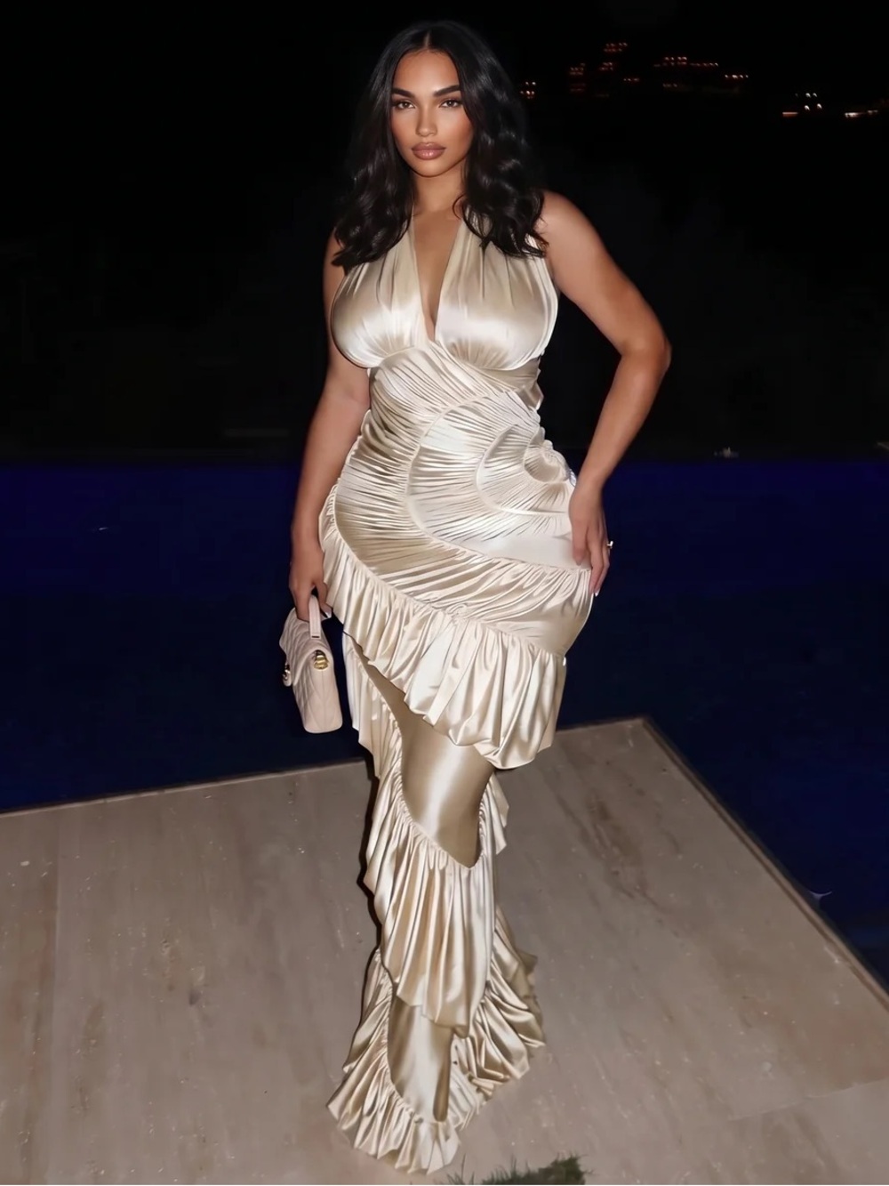 Satin Halter Maxi Dress in Champagne Gold